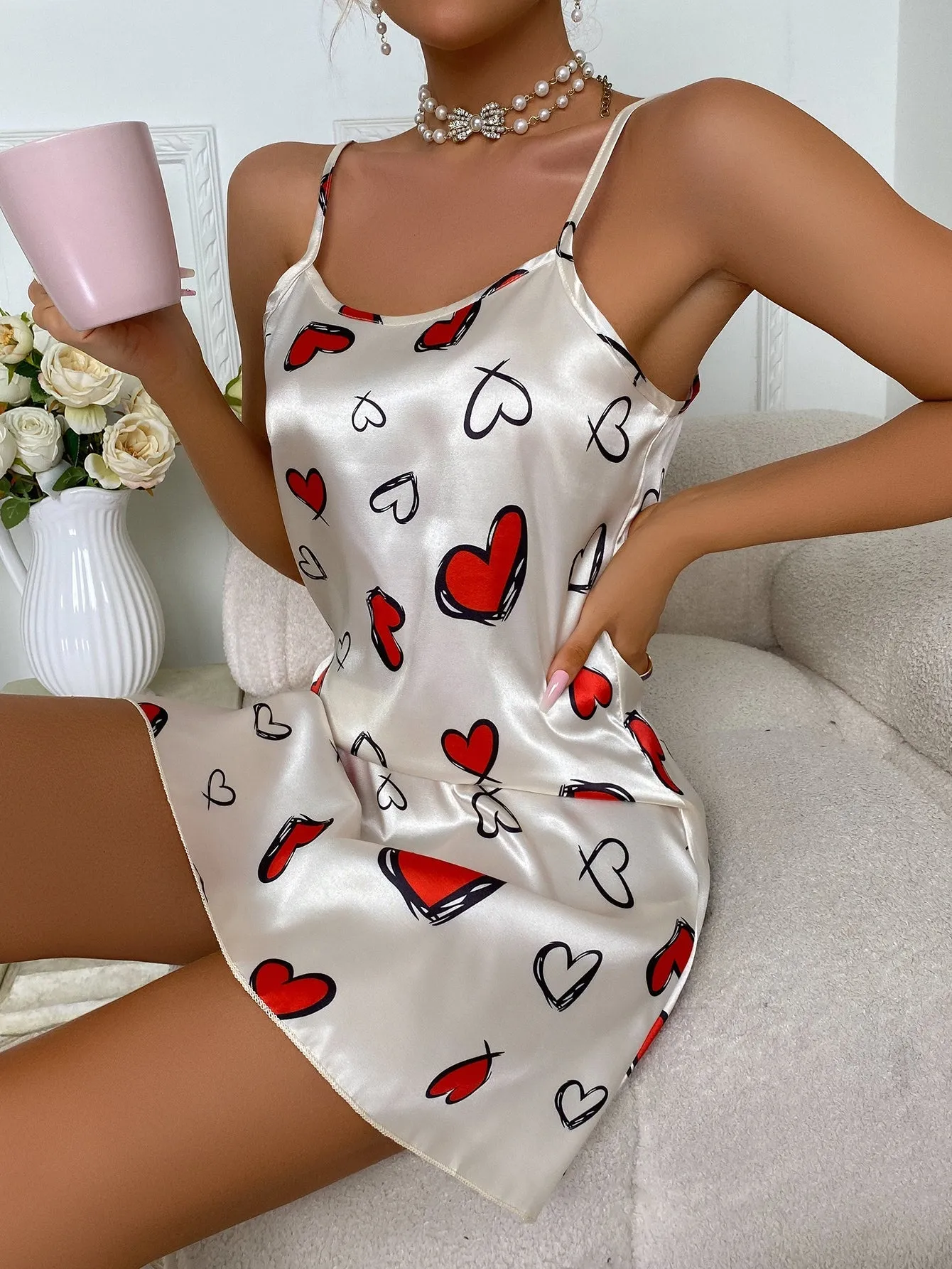 Eyelash & Heart Print Satin Pajama Nightdress