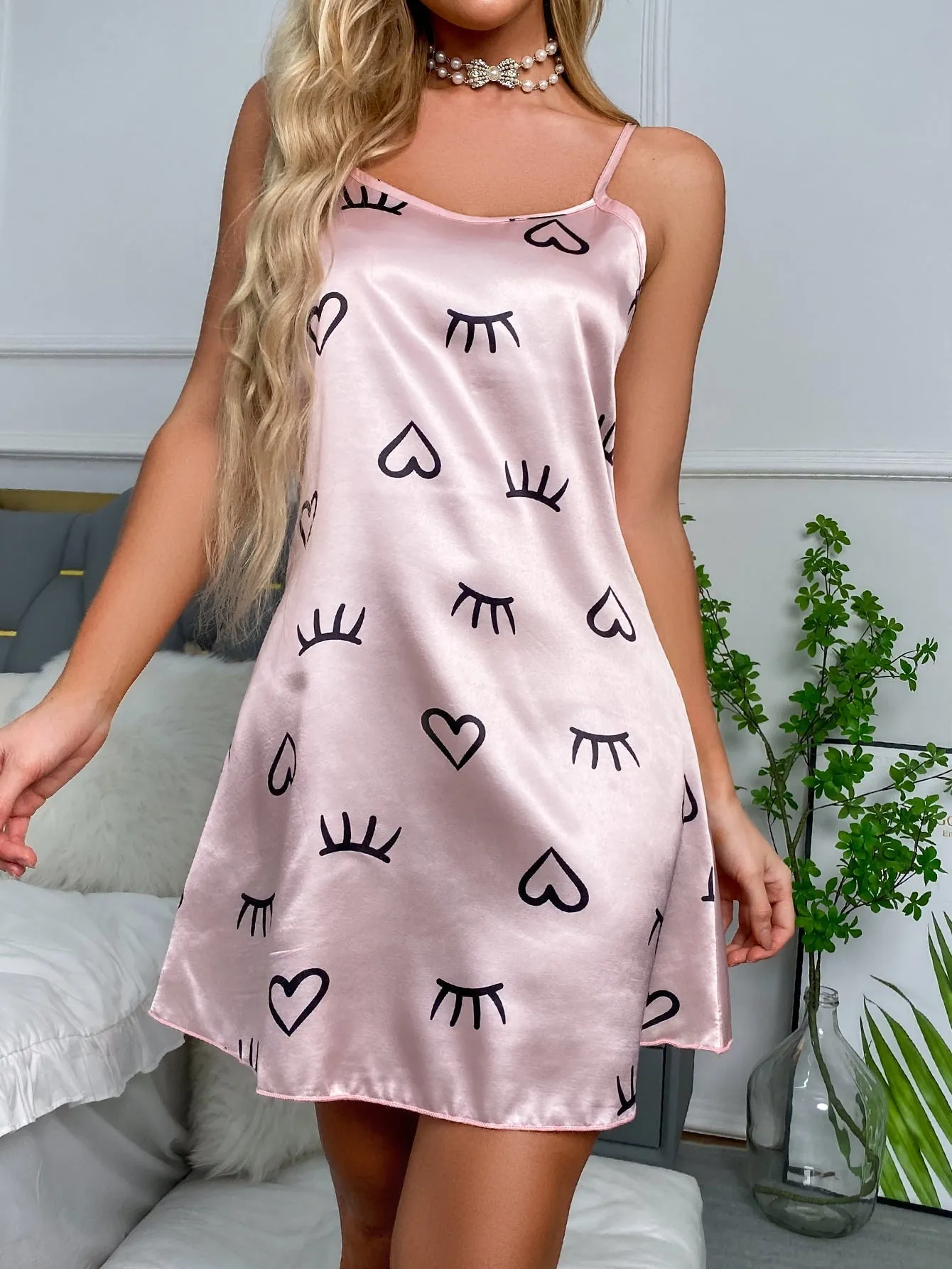 Eyelash & Heart Print Satin Pajama Nightdress