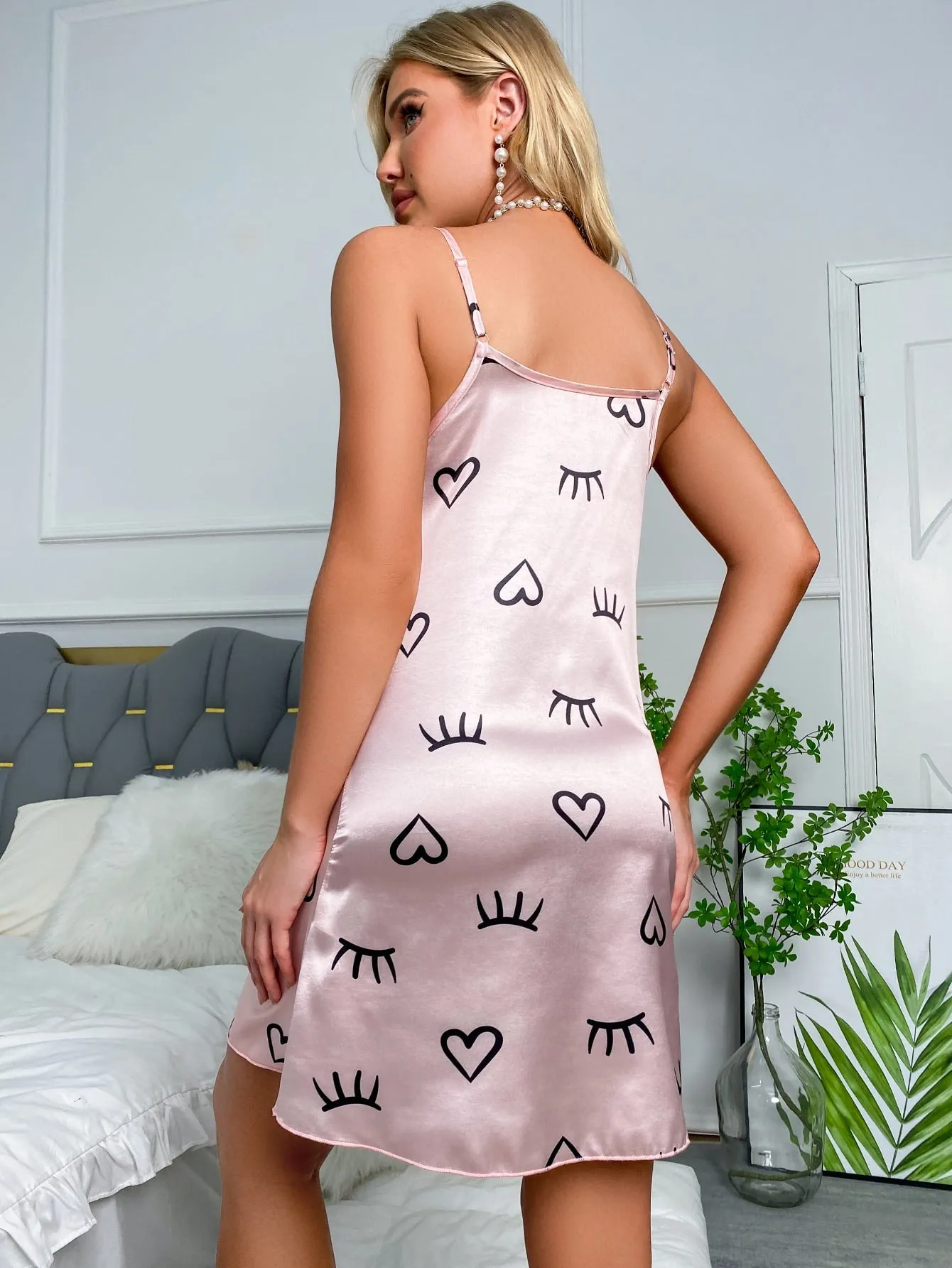 Eyelash & Heart Print Satin Pajama Nightdress