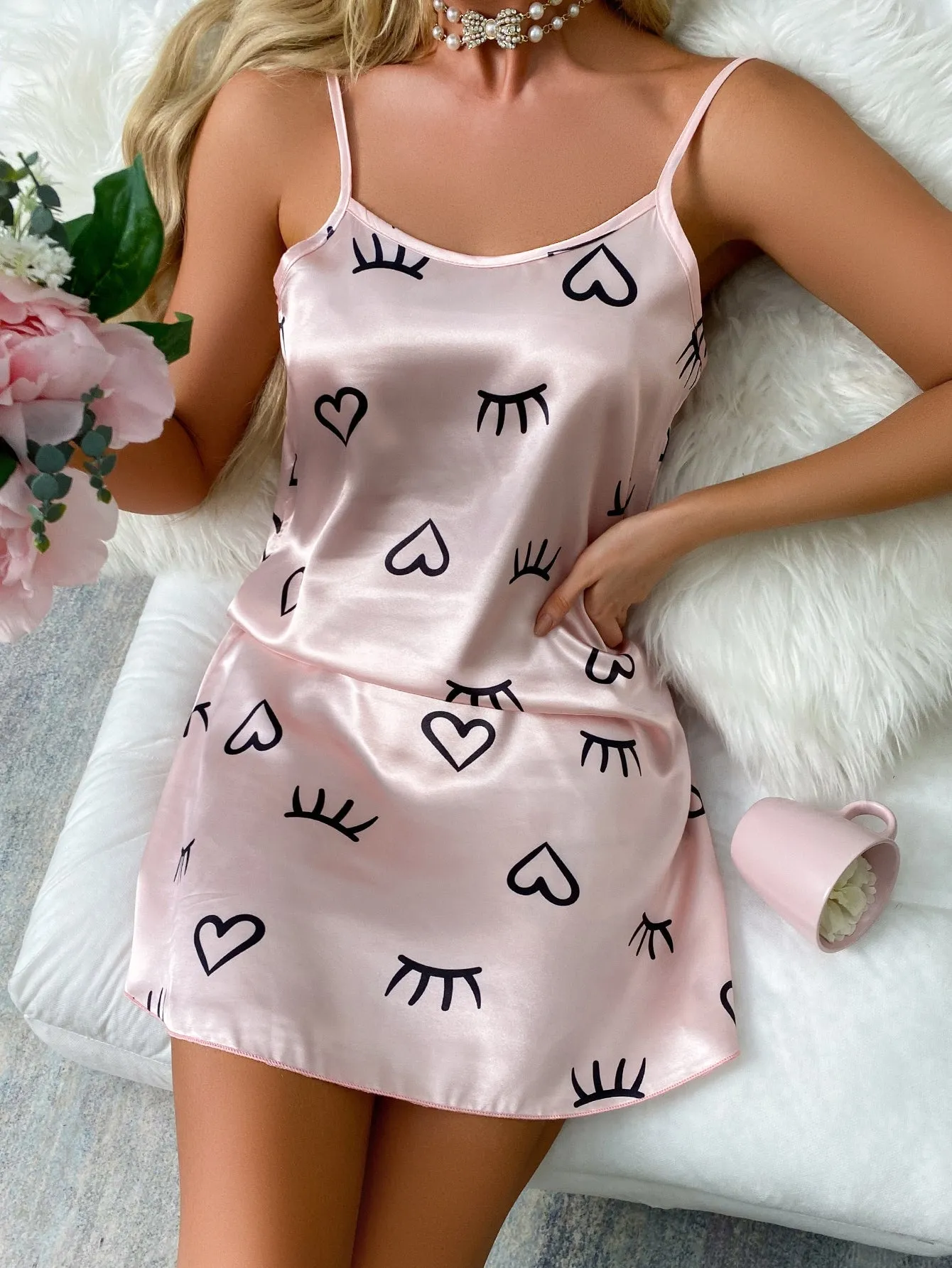 Eyelash & Heart Print Satin Pajama Nightdress