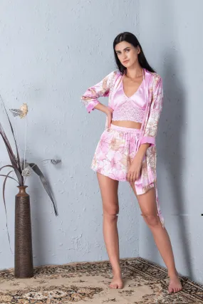 Floral print Skirt, Spaghetti & robe set pink