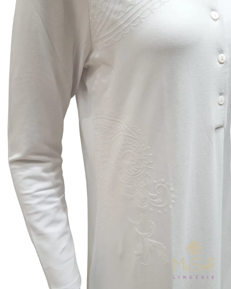 FW21N07A Flocked Paisley White Button Down Cotton Nightgown