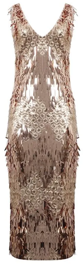 Gold Sequin-Embellished Cocktail Dress