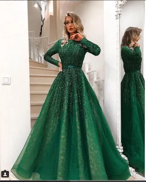 green beaded prom dresses ball gown long sleeve crystals lace appliqué elegant sparkly prom gowns