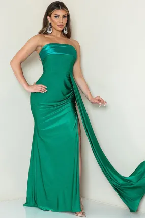 Green Strapless Draped Side Split Maxi Dress