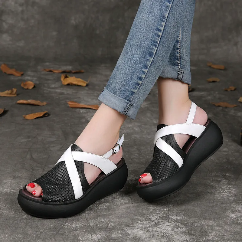 Handmade Fish Toe Cross Strap Wedge Sandals Slingback