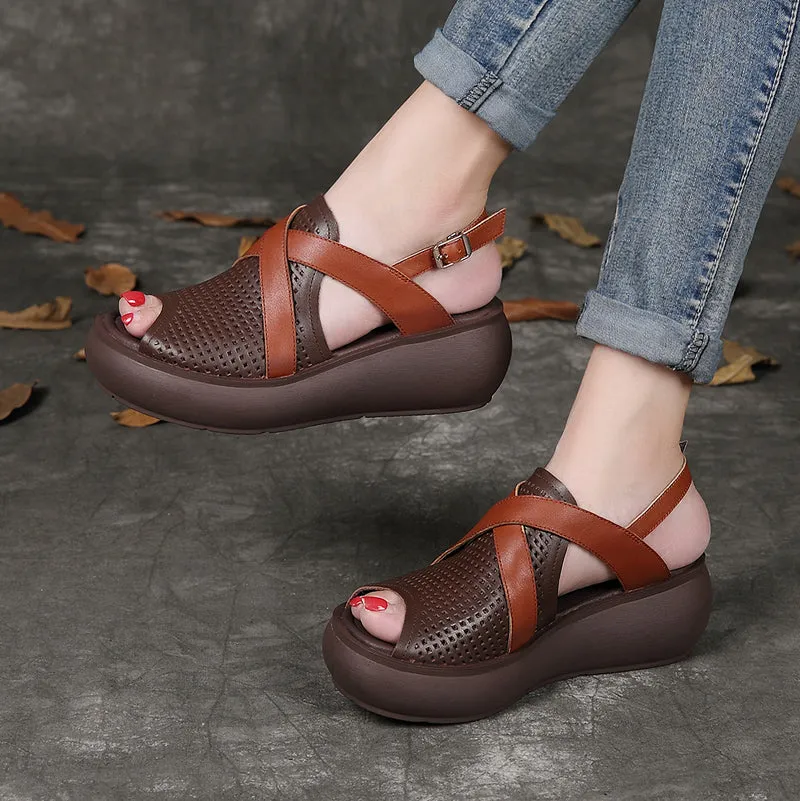 Handmade Fish Toe Cross Strap Wedge Sandals Slingback