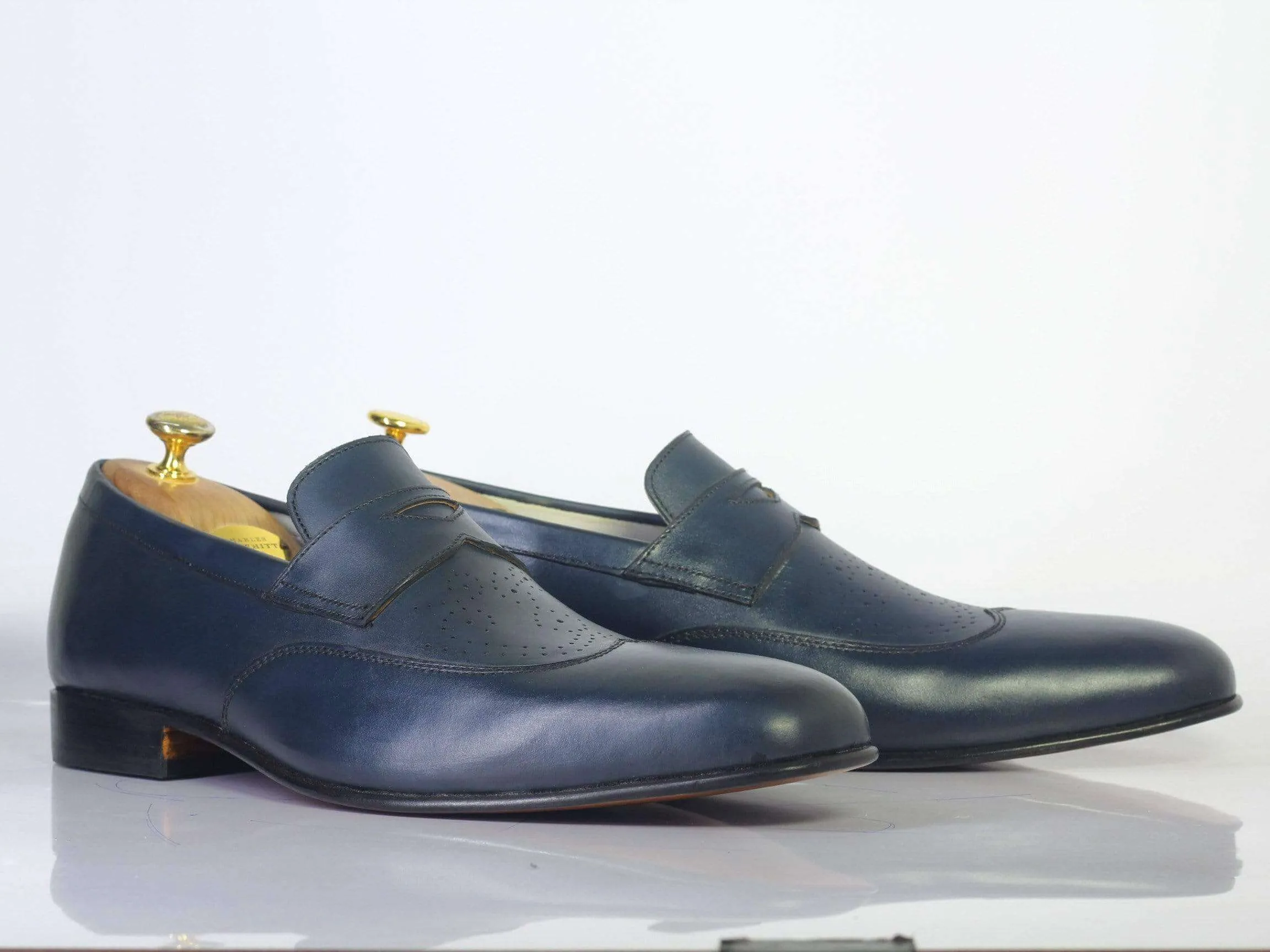 Handmade Navy Blue Penny Loafers Leather Shoes For Men's