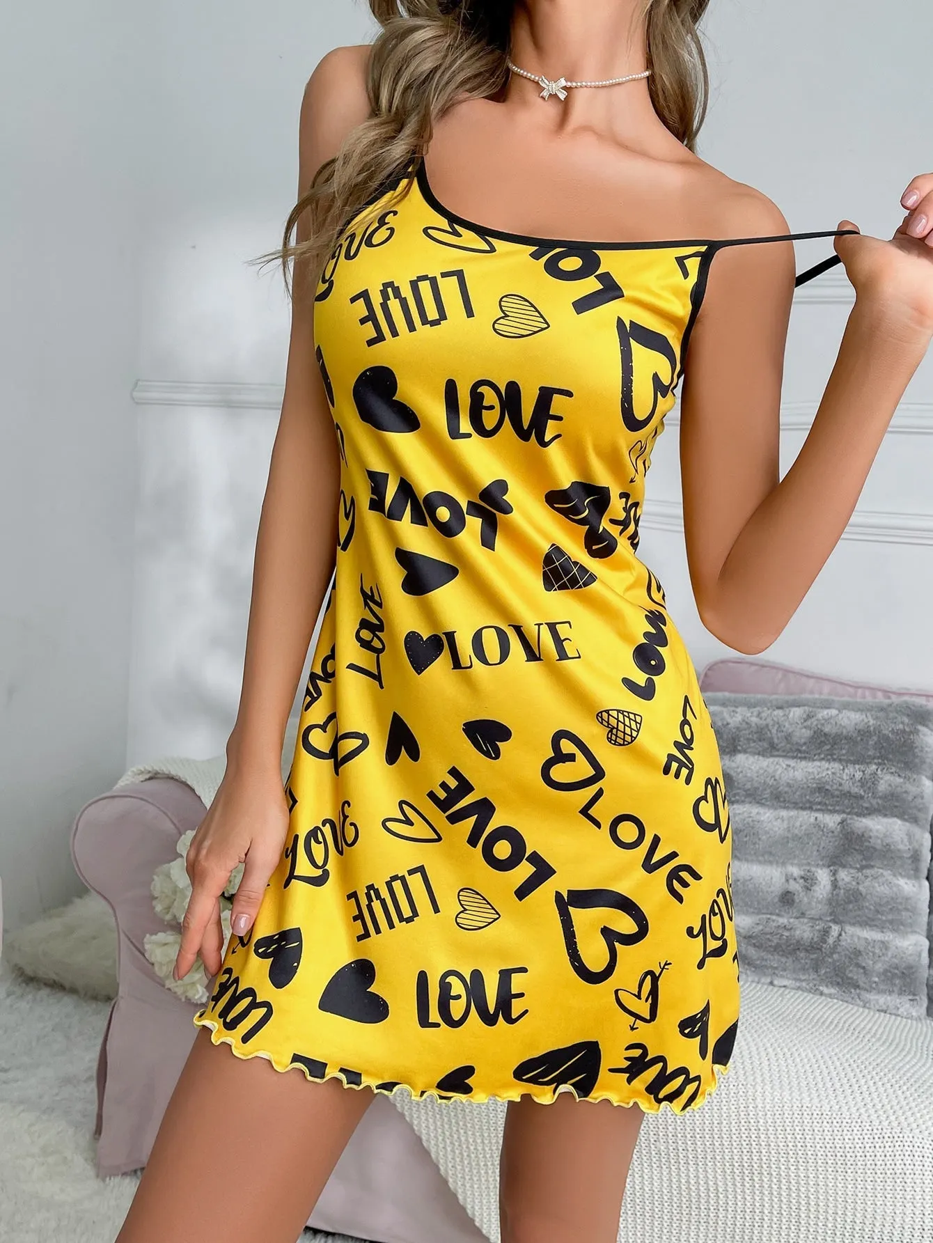 Heart & Letter Graphic Lettuce Trim Contrast Binding Cami Pajama Night Dress