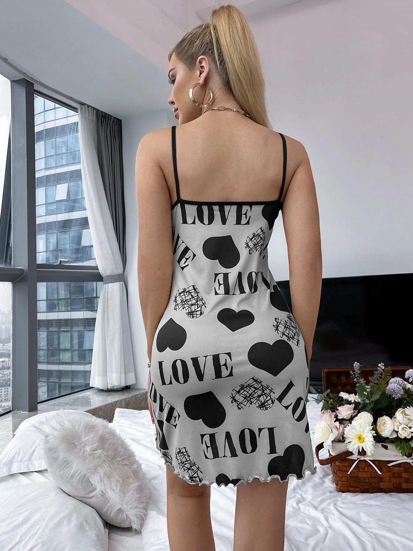 Heart & Letter Graphic Lettuce Trim Contrast Binding Cami Pajama Night Dress