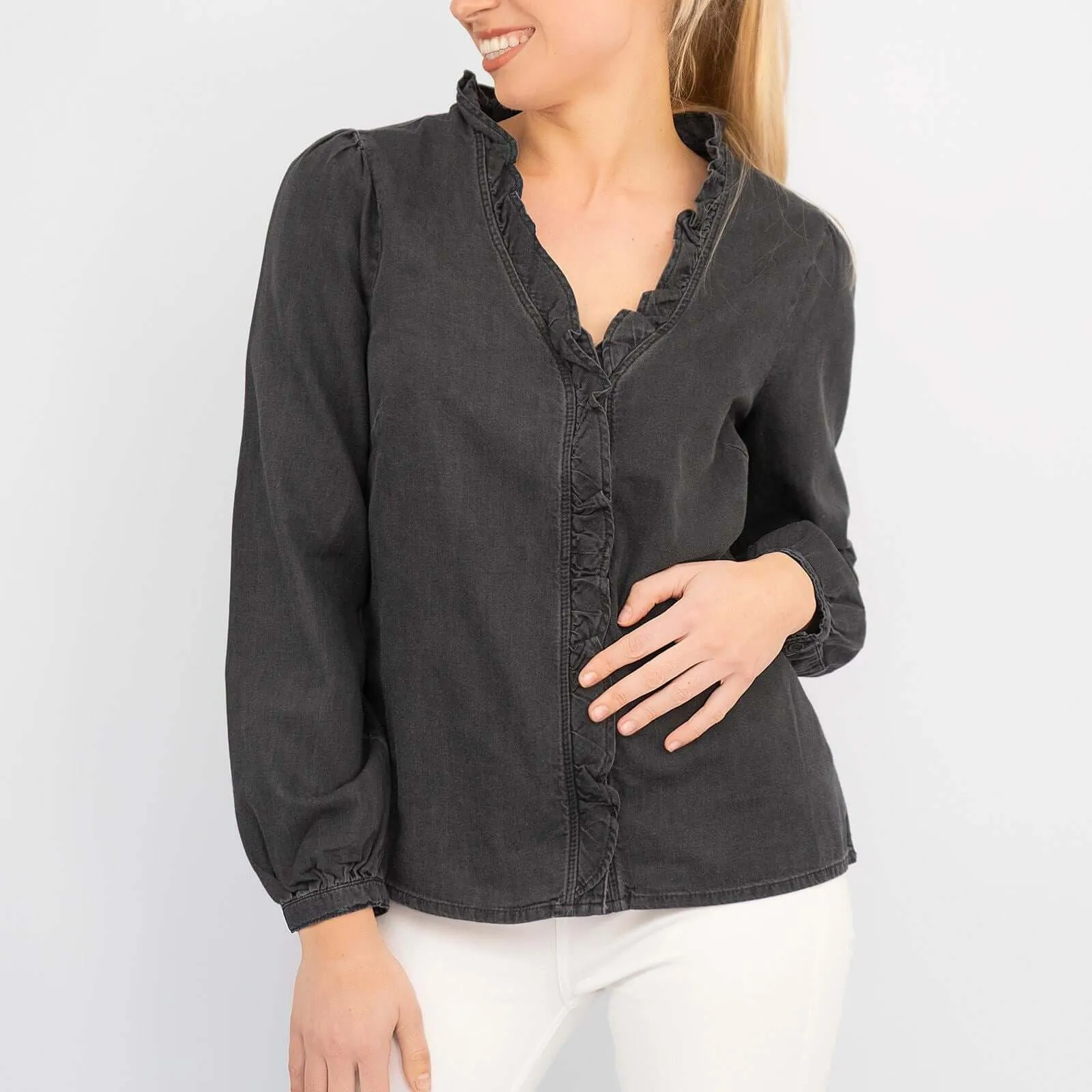 Hush Francis Long Sleeve Washed Black Denim Button Tops Blouse