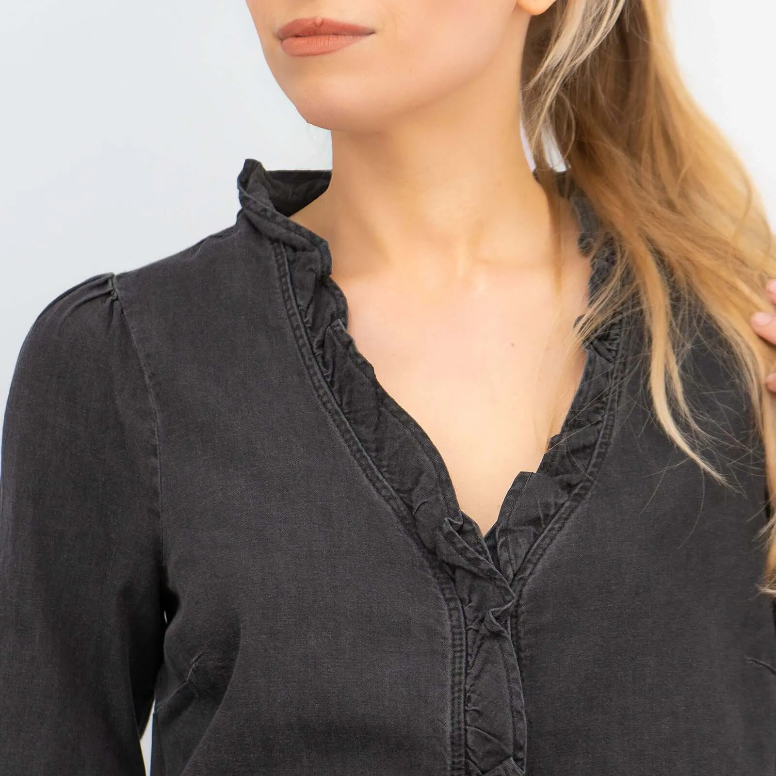 Hush Francis Long Sleeve Washed Black Denim Button Tops Blouse