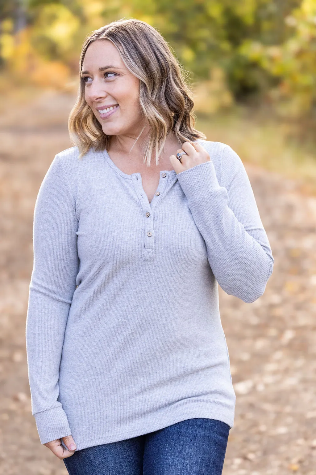 IN STOCK Brielle Henley Ribbed Long Sleeve - Light Grey