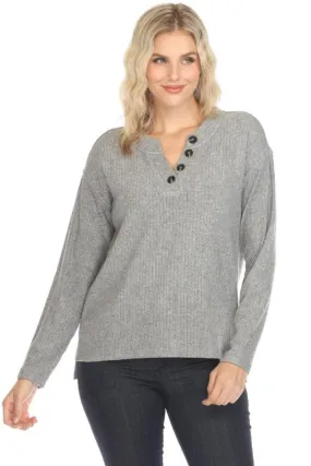 Johnny Was Calme Grey Rib Henley Long Sleeve Top O21067-E