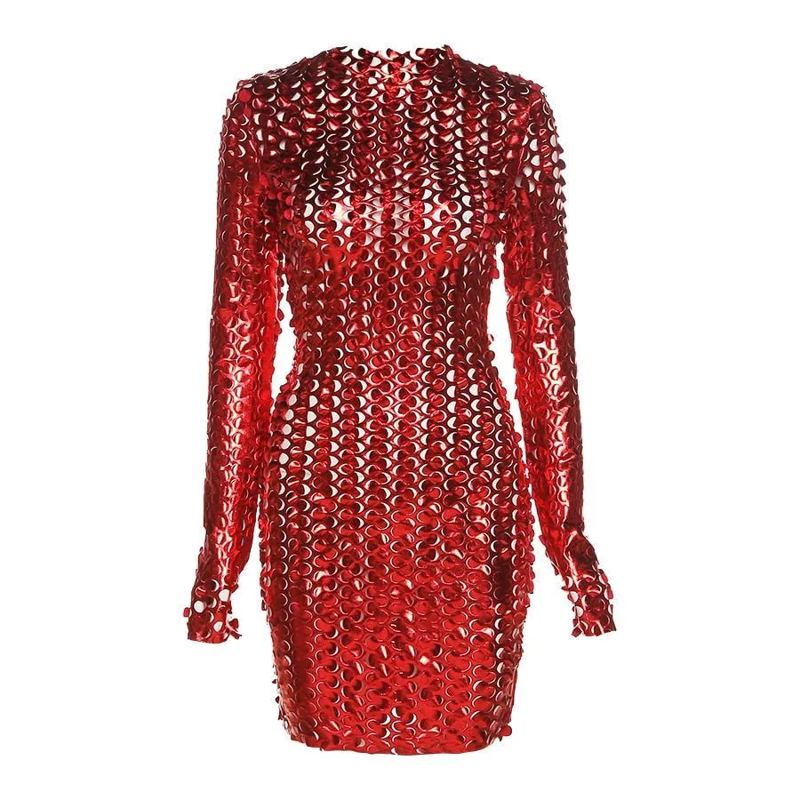 Joskaa hoco dresses Christmas Gift Fashion Weave Cross Hollow Shining See-Through Mini Dresses Sexy Backless Ruched Club Long Sleeve Mesh Dress Summer 2024