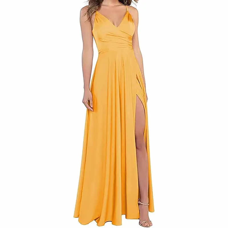 Long Bridesmaid Dresses for Women Formal Satin Spaghetti Strap Prom Evening Gowns