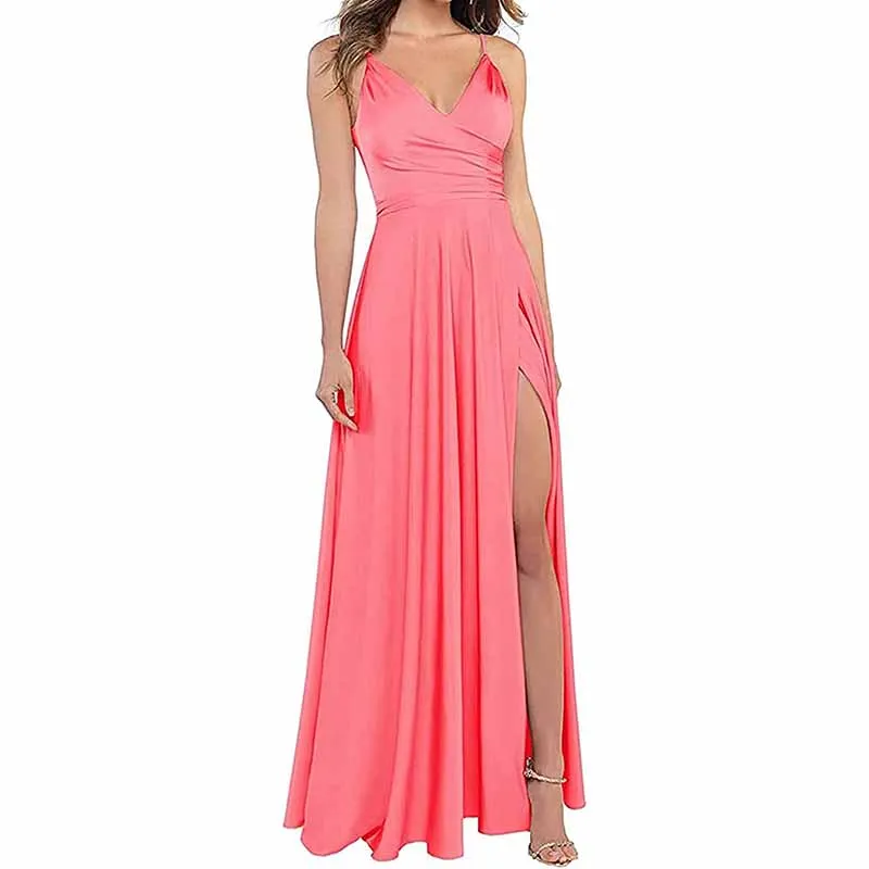 Long Bridesmaid Dresses for Women Formal Satin Spaghetti Strap Prom Evening Gowns