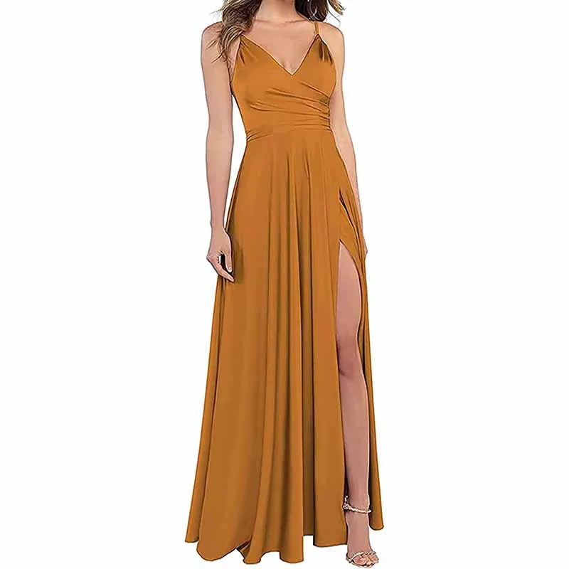 Long Bridesmaid Dresses for Women Formal Satin Spaghetti Strap Prom Evening Gowns