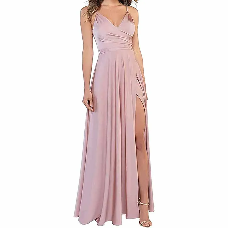 Long Bridesmaid Dresses for Women Formal Satin Spaghetti Strap Prom Evening Gowns