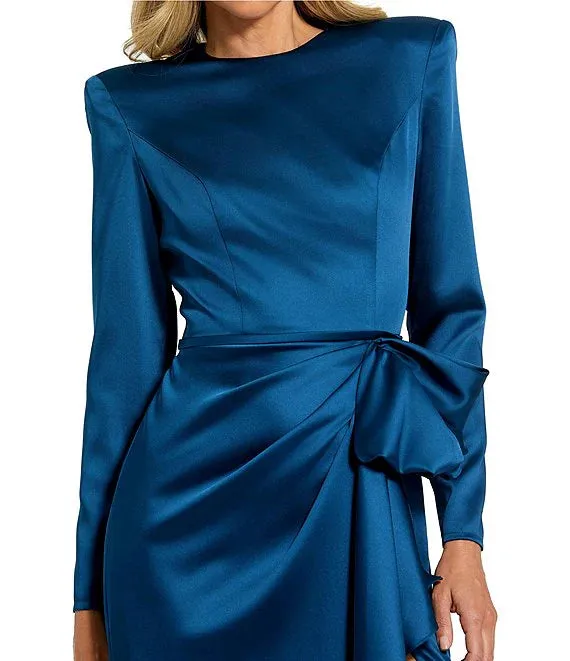 Long Sleeve Crew Neck Ruched Waist Draped Bow Thigh High Slit Satin A-Line Gown Cocktail Dresses