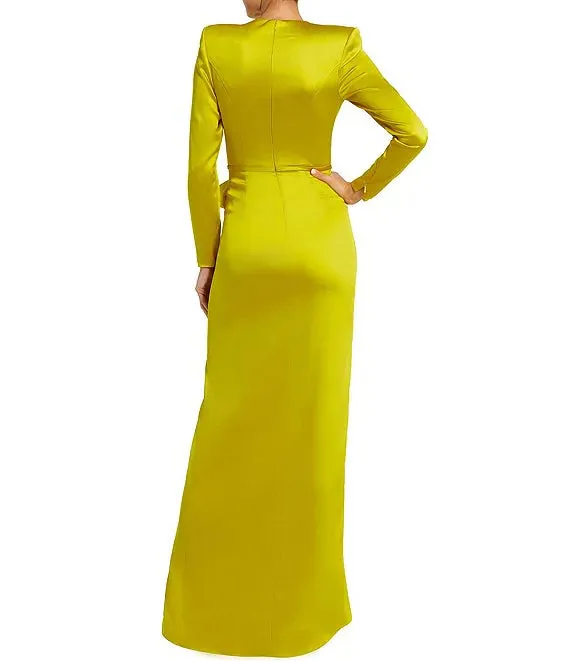 Long Sleeve Crew Neck Ruched Waist Draped Bow Thigh High Slit Satin A-Line Gown Cocktail Dresses