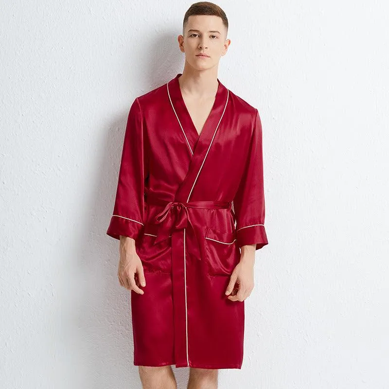 Luxury Comfortable 100% Mulberry Silk Robe For Mens Long Sleeves Silk Bathrobe Sleepwear