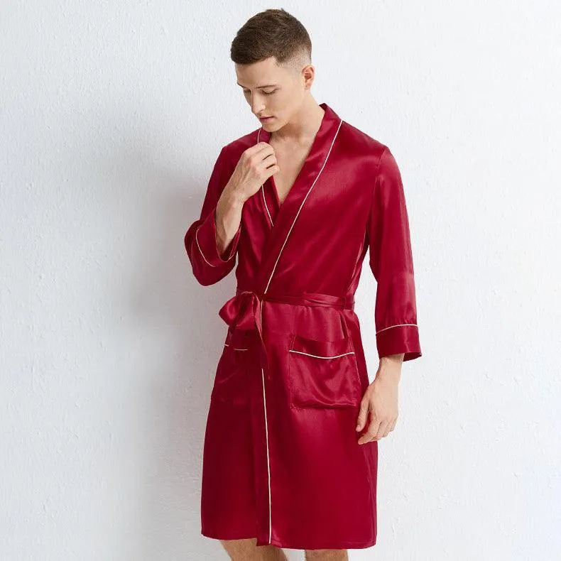 Luxury Comfortable 100% Mulberry Silk Robe For Mens Long Sleeves Silk Bathrobe Sleepwear