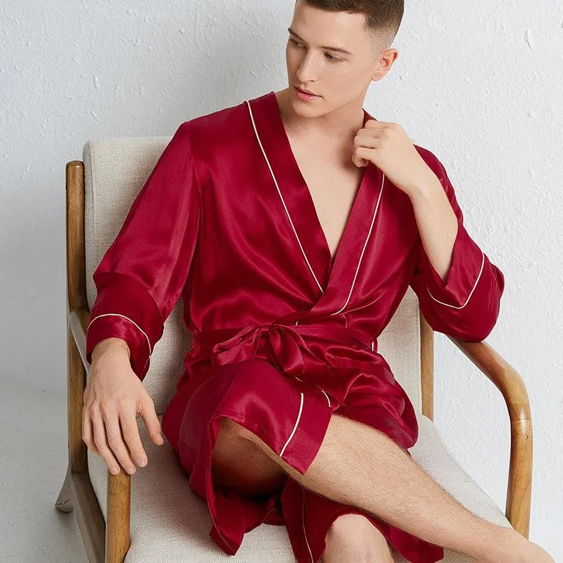 Luxury Comfortable 100% Mulberry Silk Robe For Mens Long Sleeves Silk Bathrobe Sleepwear