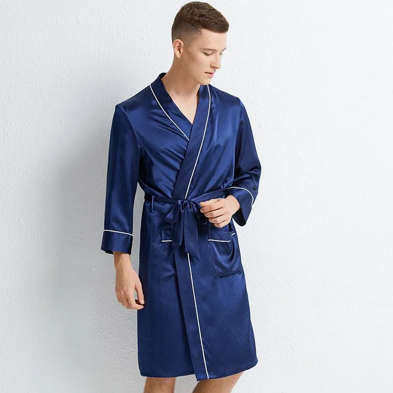 Luxury Comfortable 100% Mulberry Silk Robe For Mens Long Sleeves Silk Bathrobe Sleepwear