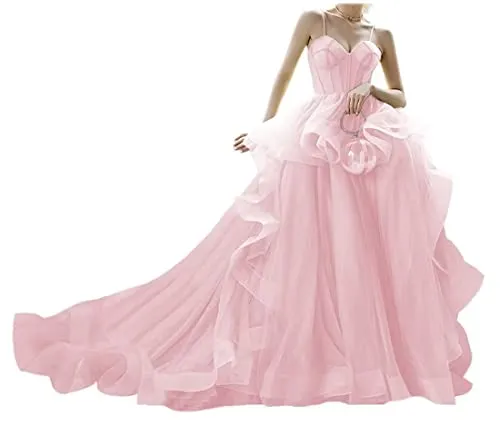 Mauuwy Spaghetti Straps Blush Pink Formal Gowns for Women Long Ruffled Prom Dresses Ball Gown A-line Tulle Evening Dresses with Train 16