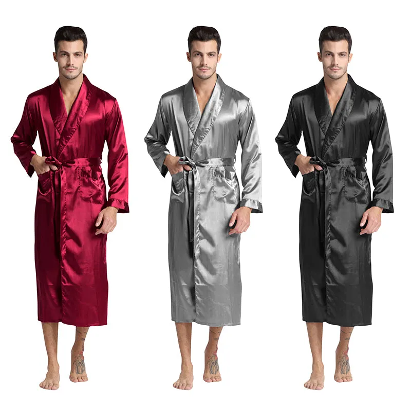 Men'S Silk Satin Bathrobe Robe Long Solid Pajamas