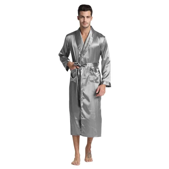 Men'S Silk Satin Bathrobe Robe Long Solid Pajamas