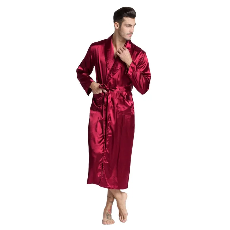 Men'S Silk Satin Bathrobe Robe Long Solid Pajamas