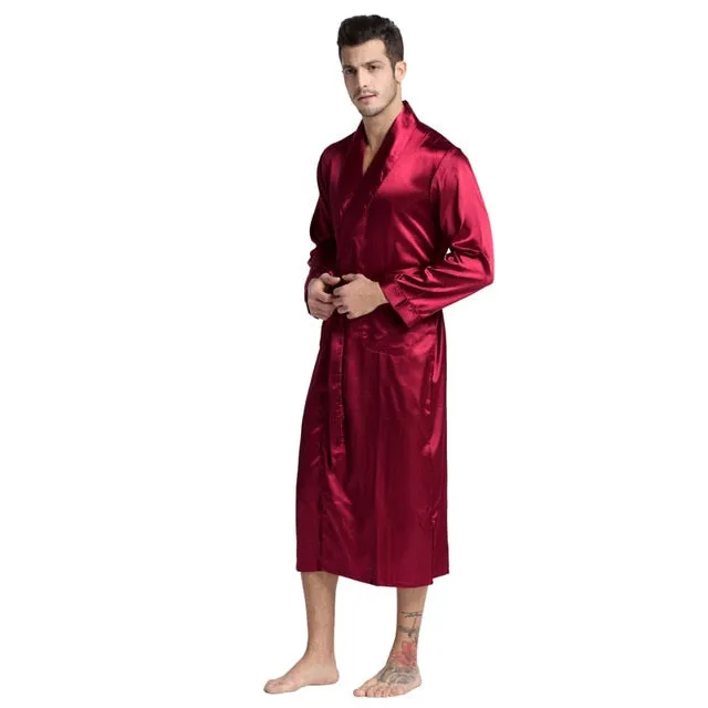 Men'S Silk Satin Bathrobe Robe Long Solid Pajamas