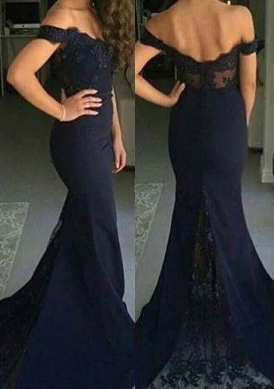 Mermaid Off Shoulder Lace Navy Blue Bridesmaid Dress,Satin Prom Dresses SD402