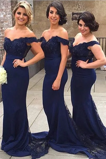 Mermaid Off Shoulder Lace Navy Blue Bridesmaid Dress,Satin Prom Dresses SD402