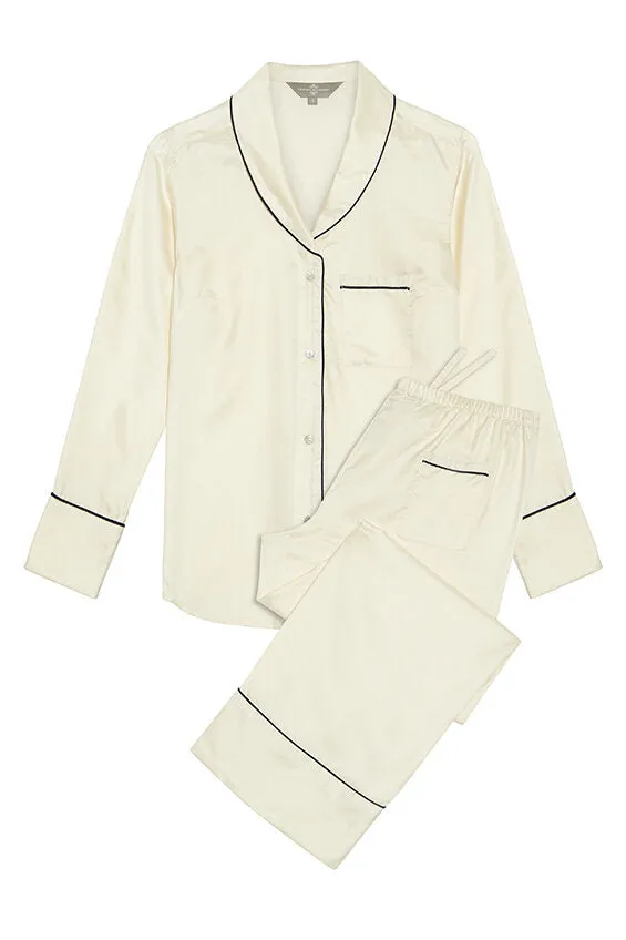 Mulberry Silk Pyjamas - Natural Ivory with Navy Detail