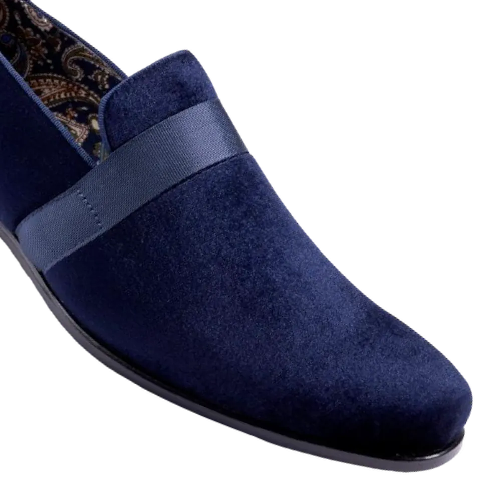 Navy Velvet Men's Shoe Slip-on with a satin ribbon Style