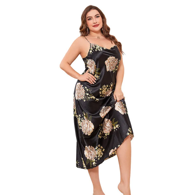 Plus Size Silk Nightgown Sexy 100% Mulberry Silk Flower Printed Silk Sleepwear