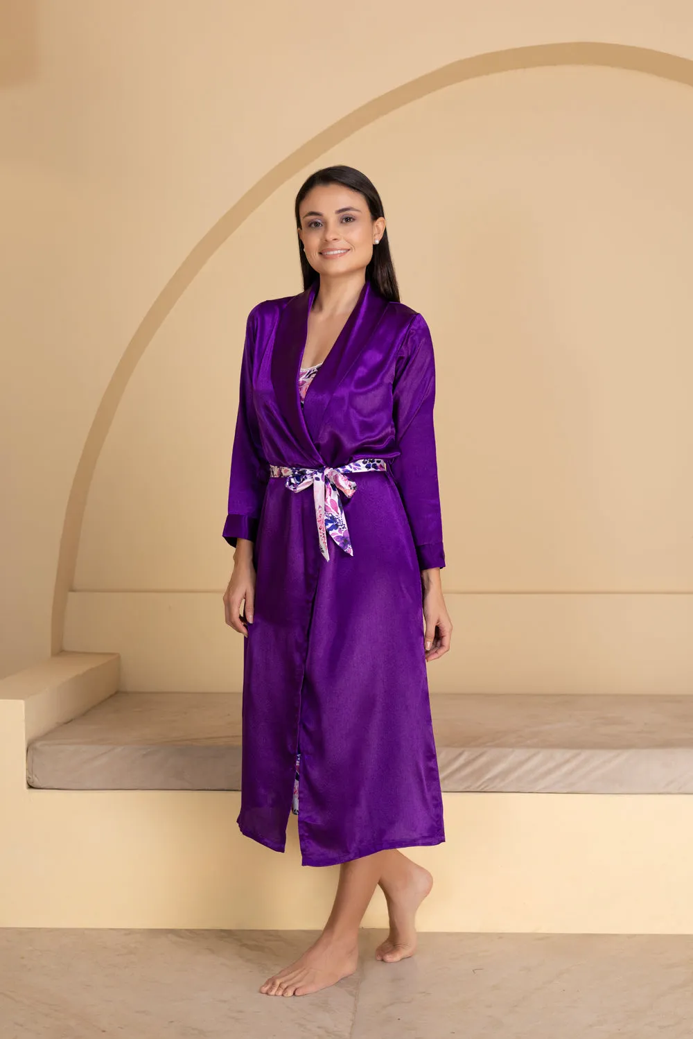 Print Satin Nightgown set in Purple