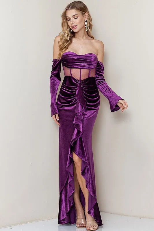 Purple Off Shoulder Corset Shirring Velvet Maxi Dress