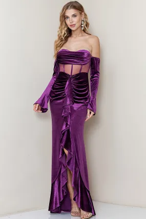 Purple Off Shoulder Corset Shirring Velvet Maxi Dress