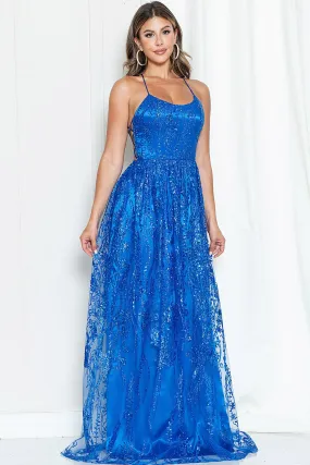 Royal Blue Lace Up Back Glitter Maxi Dress