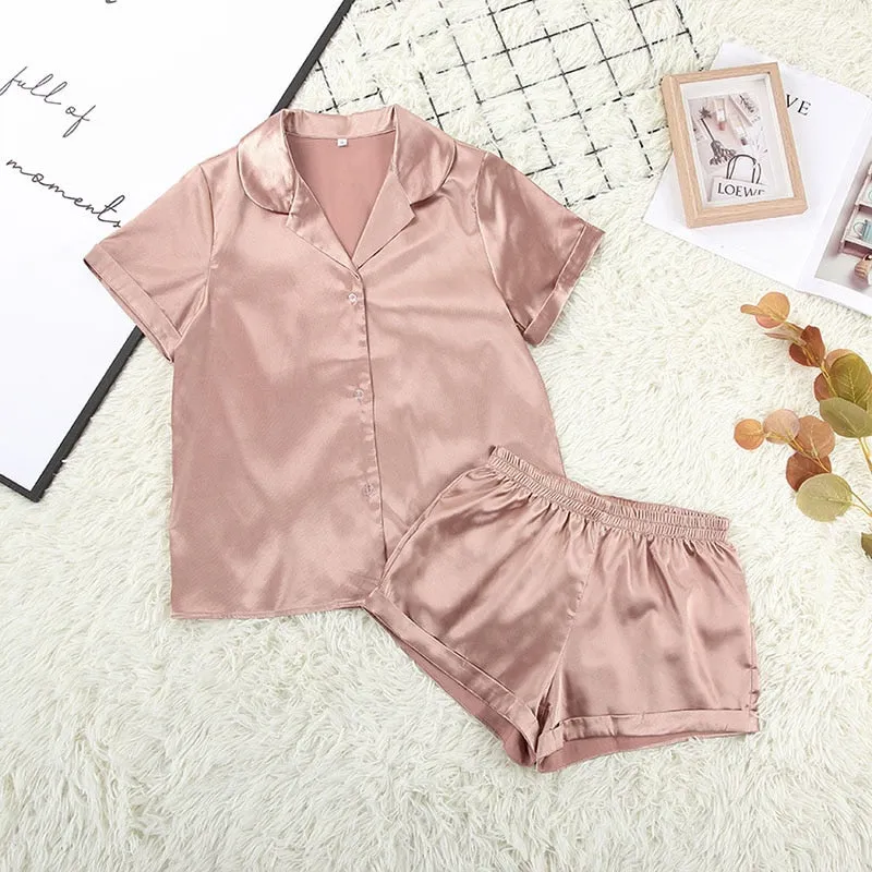 Satin Silk Sleepwear Set with Shorts for Women