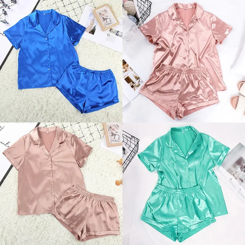 Satin Silk Sleepwear Set with Shorts for Women