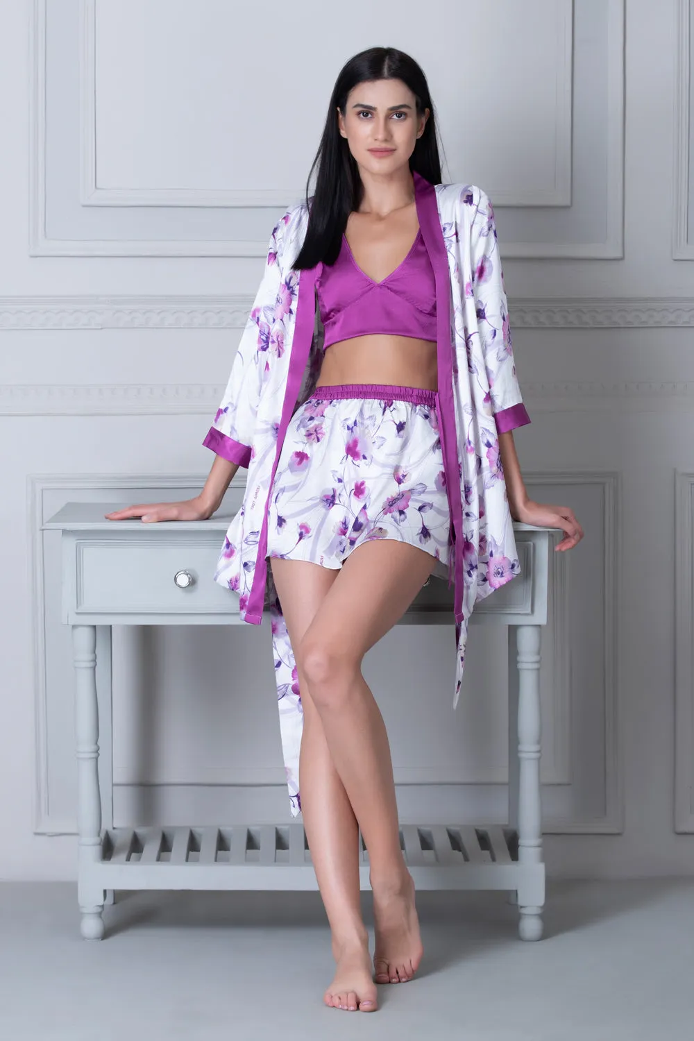 Satin Top & Skirt with Robe Purple & White