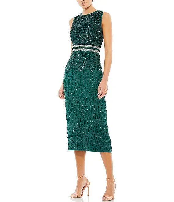 Sleeveless Sequined Chiffon Sheath Midi Dress Cocktail Dresses