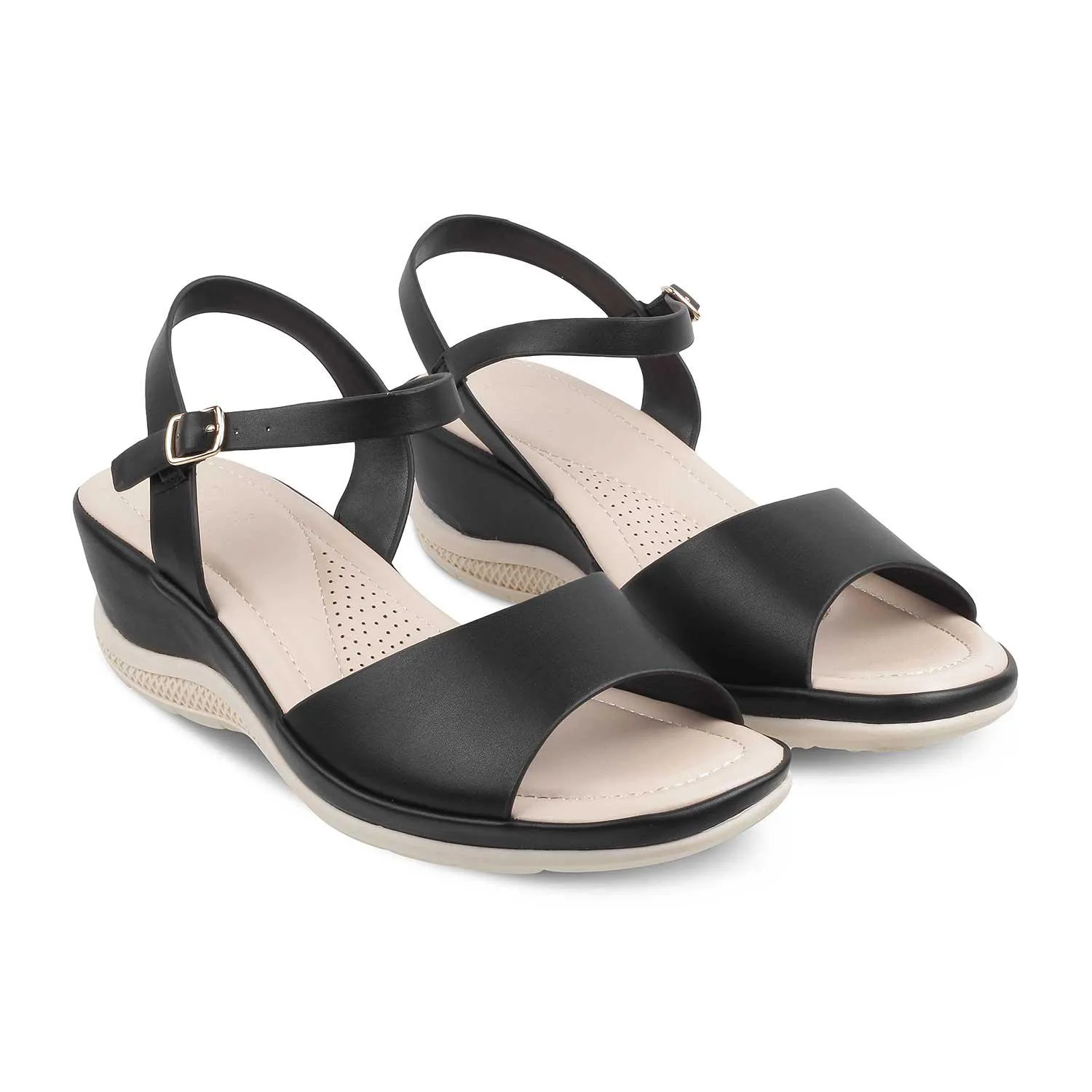 The Clej Black Women's Casual Wedge Sandals Tresmode