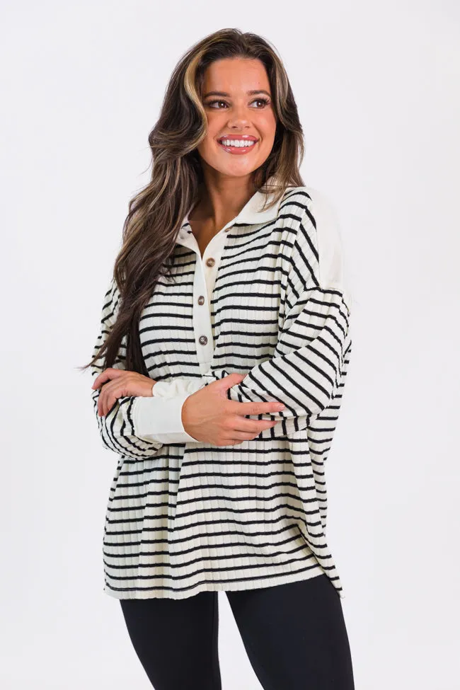 This Is The Life Black Striped Collared Henley Oversized Knit Top