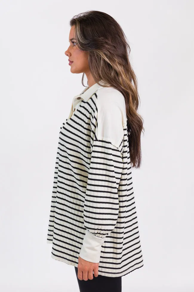 This Is The Life Black Striped Collared Henley Oversized Knit Top